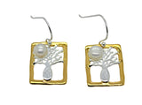 Boab Tree Silver Rectangle Pearl Earrings Gold Edge