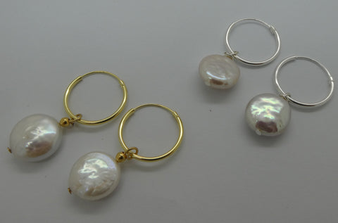 Sterling Silver / Gold plated Keshi Coin Pearl Sleepers / Earrings