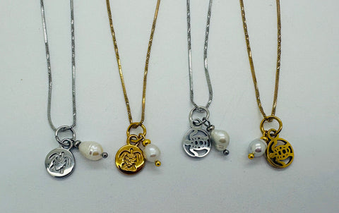 Stainless Steel Turtle / Pearl Charm / Necklace