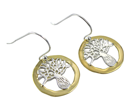 Boab Tree Round Sterling Silver Earrings Gold Edge