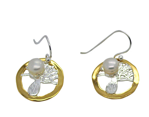 Boab Tree Round Pearl Earrings Gold Edging