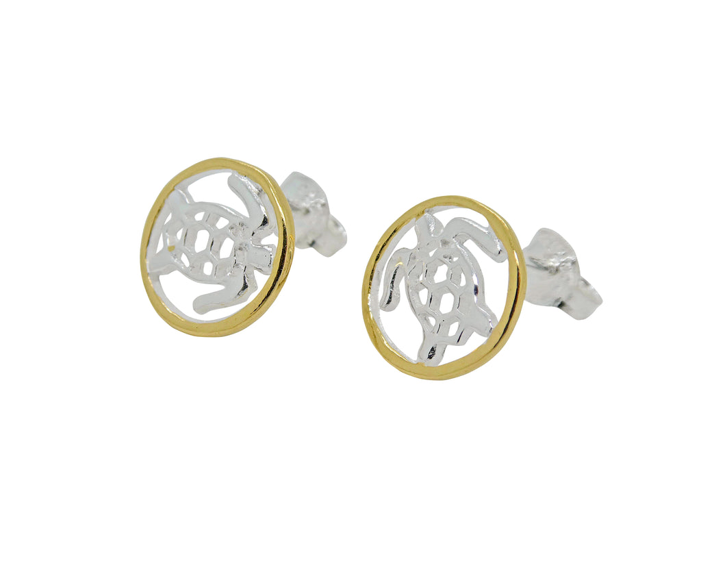 Turtle Studs or Earrings Silver Gold Edging