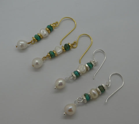 Gold Plated  Or Silver Hill Tribe TQ / Pearl Earrings